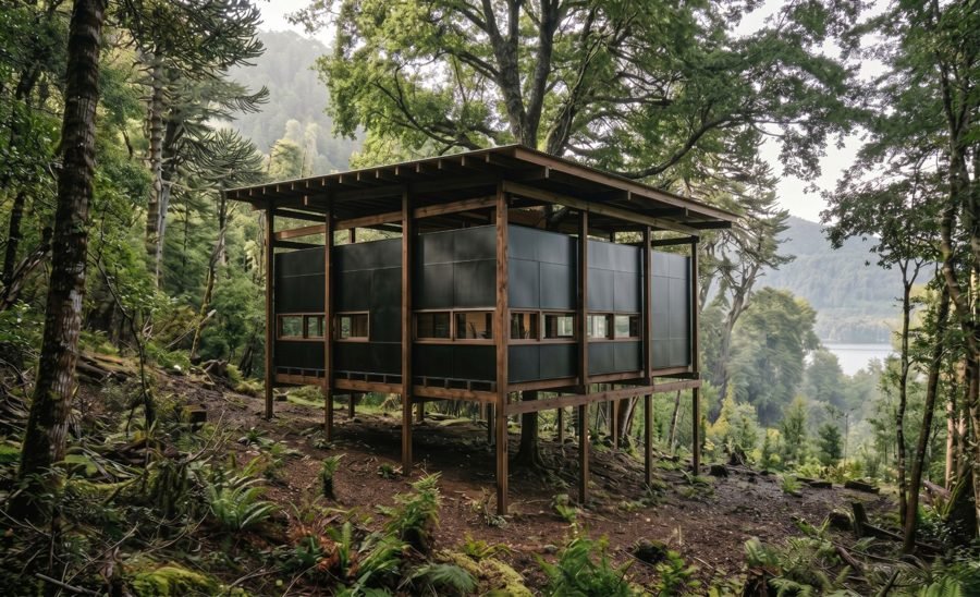 Casa elevada sobre pilotes de madera en el bosque