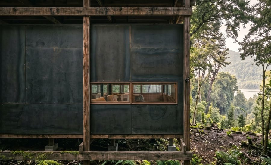 Detalle de fachada con planchas oscuras y madera