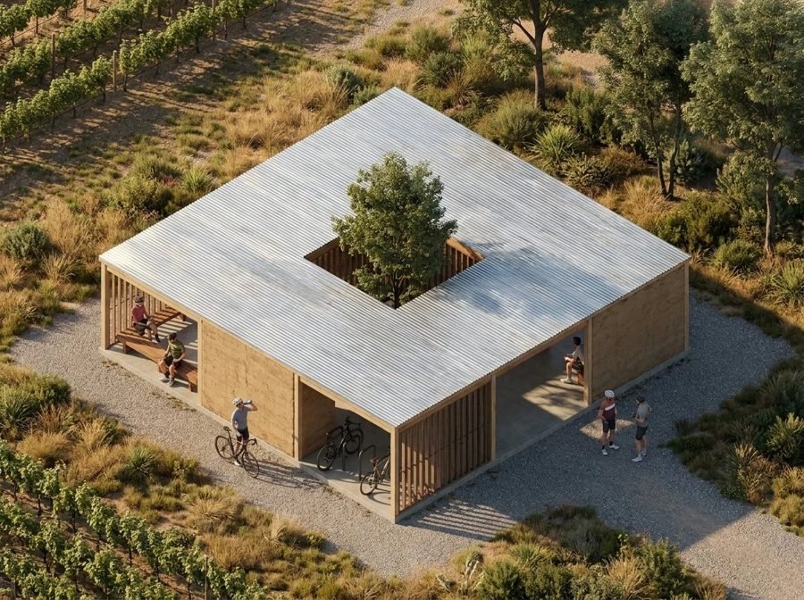 Vista aérea del habitáculo con un patio central y un árbol, entre viñedos