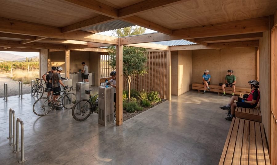 Interior con bebederos, bicicletas y bancas de madera